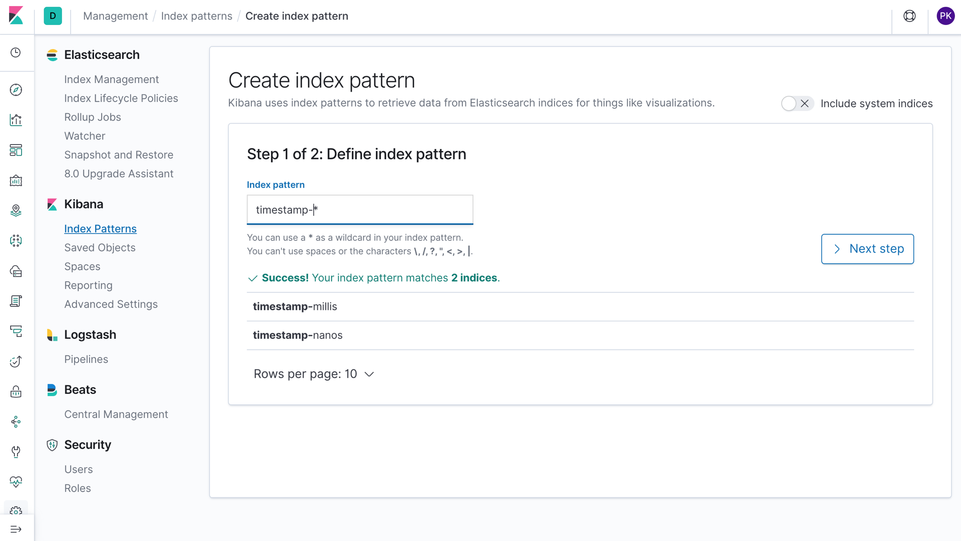 Creating the index pattern in Kibana