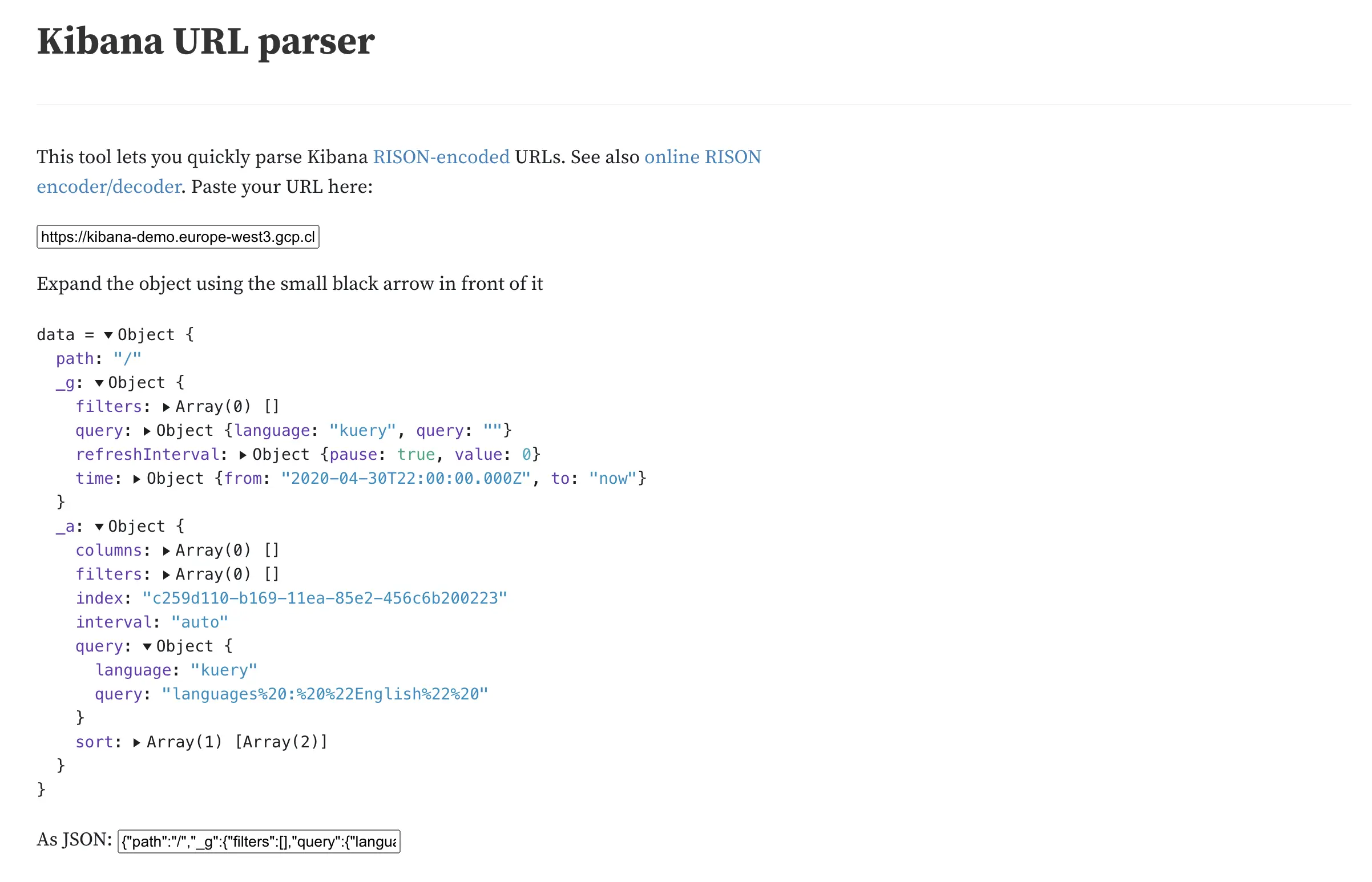 Example of the Kibana URL parser